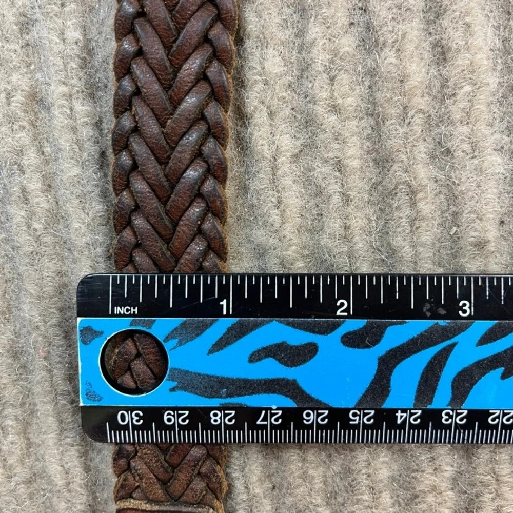 Vintage Brown Braided Leather Belt Woven Round Buckle Made in Mexico 36 2337